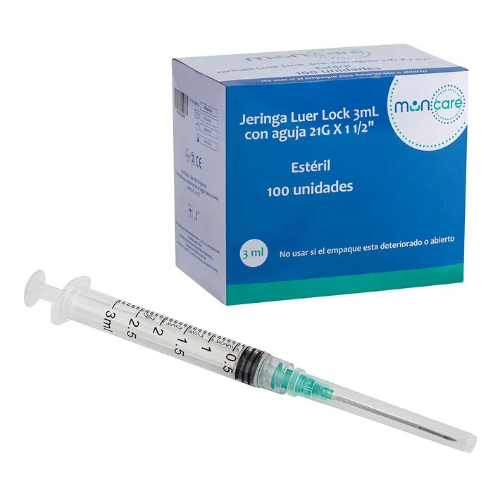 Jeringa Muncare 3ml Luer Lock con Aguja 21G x 1½" – Caja 100 Unidades
